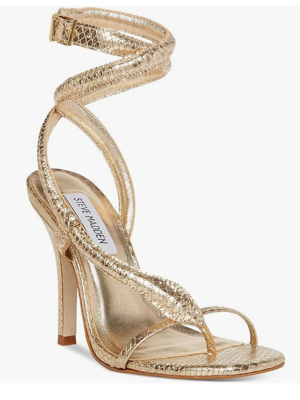 Steve Madden Scalia Metallic Gold Snake-Embossed Spiral Strap Heels. Size: 9.5 - Picture 1 of 13